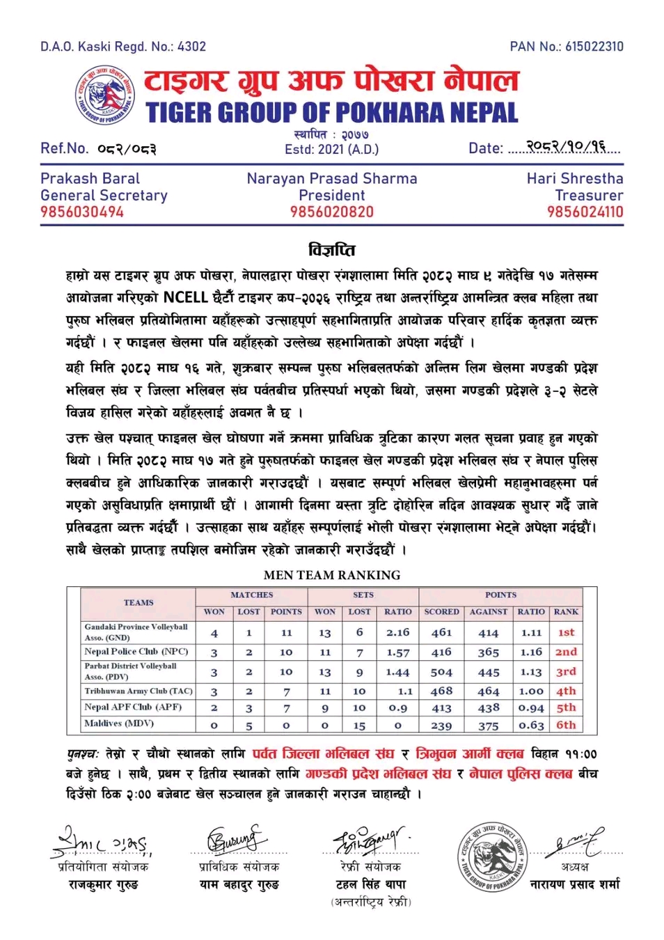 टाइगर कपको उपाधिका लागि गण्डकीसँग खेल्ने टोली परिवर्तन, पुलिसले फाइनल खेल्ने